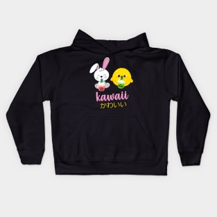 Kawaii cute anime bunny and duck drinking bubble tea Kids Hoodie